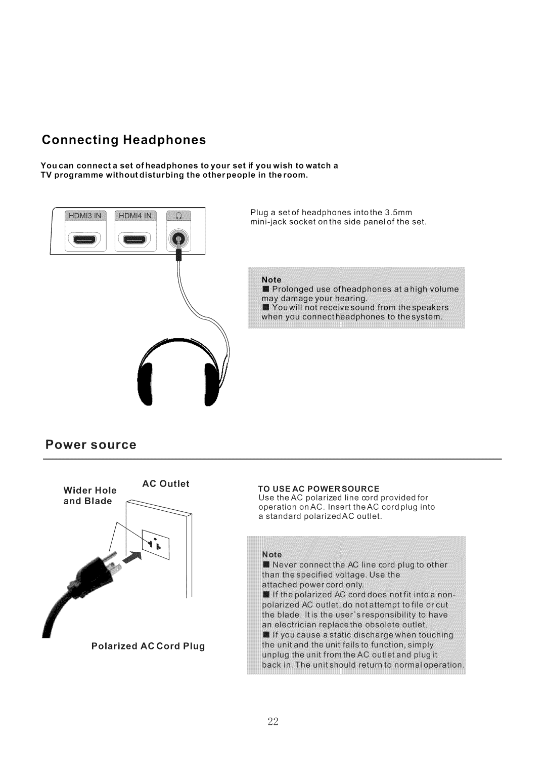 Haier HL42XR1 service manual Connecting Headphones, Wider Hole and Blade, Polarized AC Cord Plug 