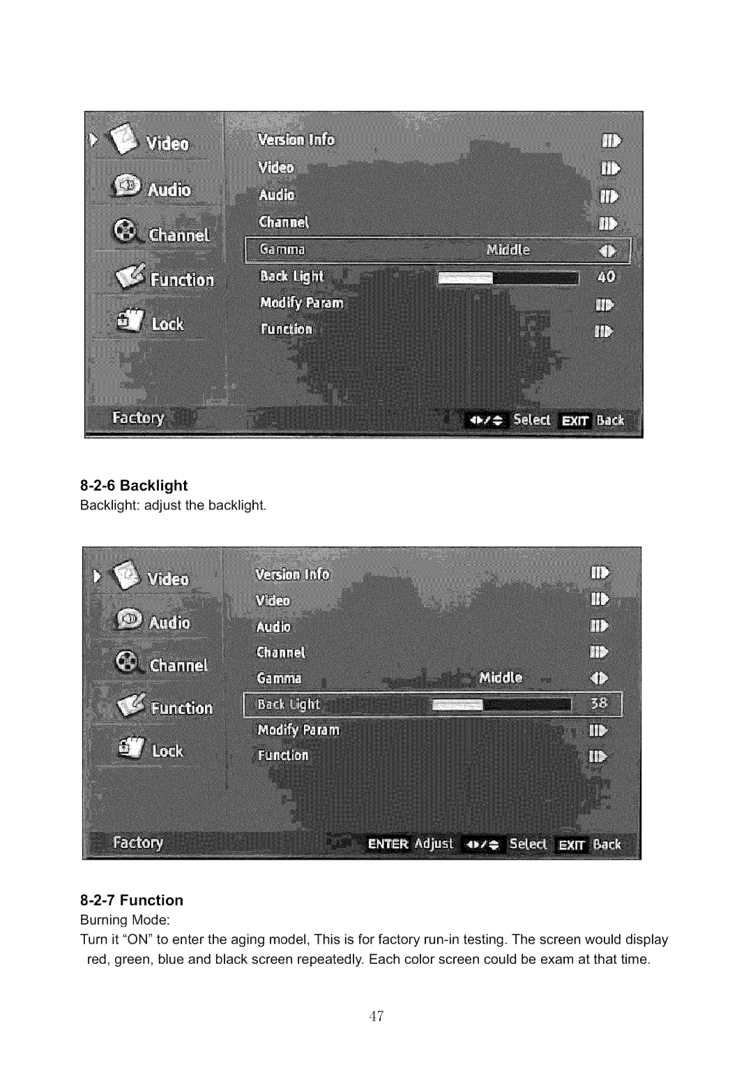 Haier HL42XR1 service manual Backlight Backlight adjust the backlight 