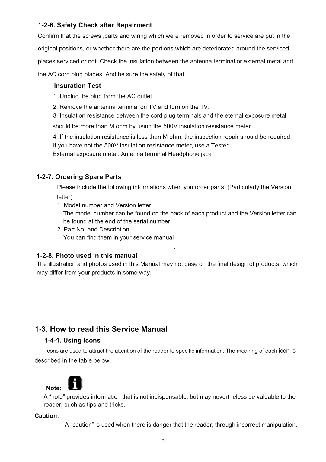 Haier HL42XR1 service manual Safety Check after Repairment, Ordering Spare Parts, Photo used in this manual, Using Icons 