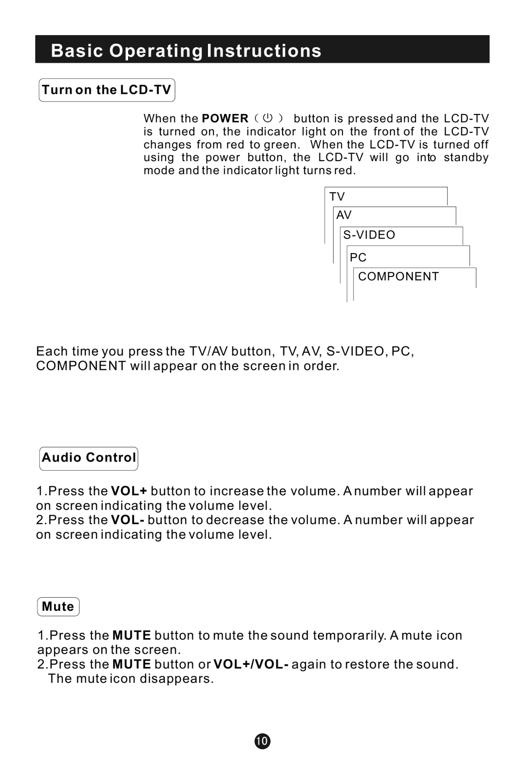 Haier HLA15 user manual Basic Operating Instructions, Turn on the LCD-TV, Audio Control, Mute 