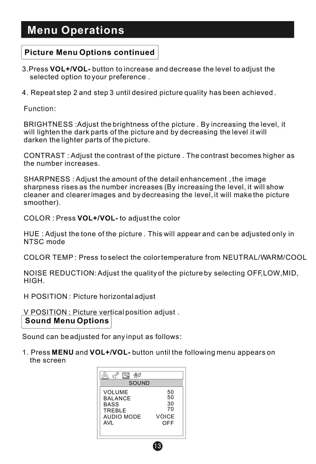 Haier HLA15 user manual Sound Menu Options, Function 