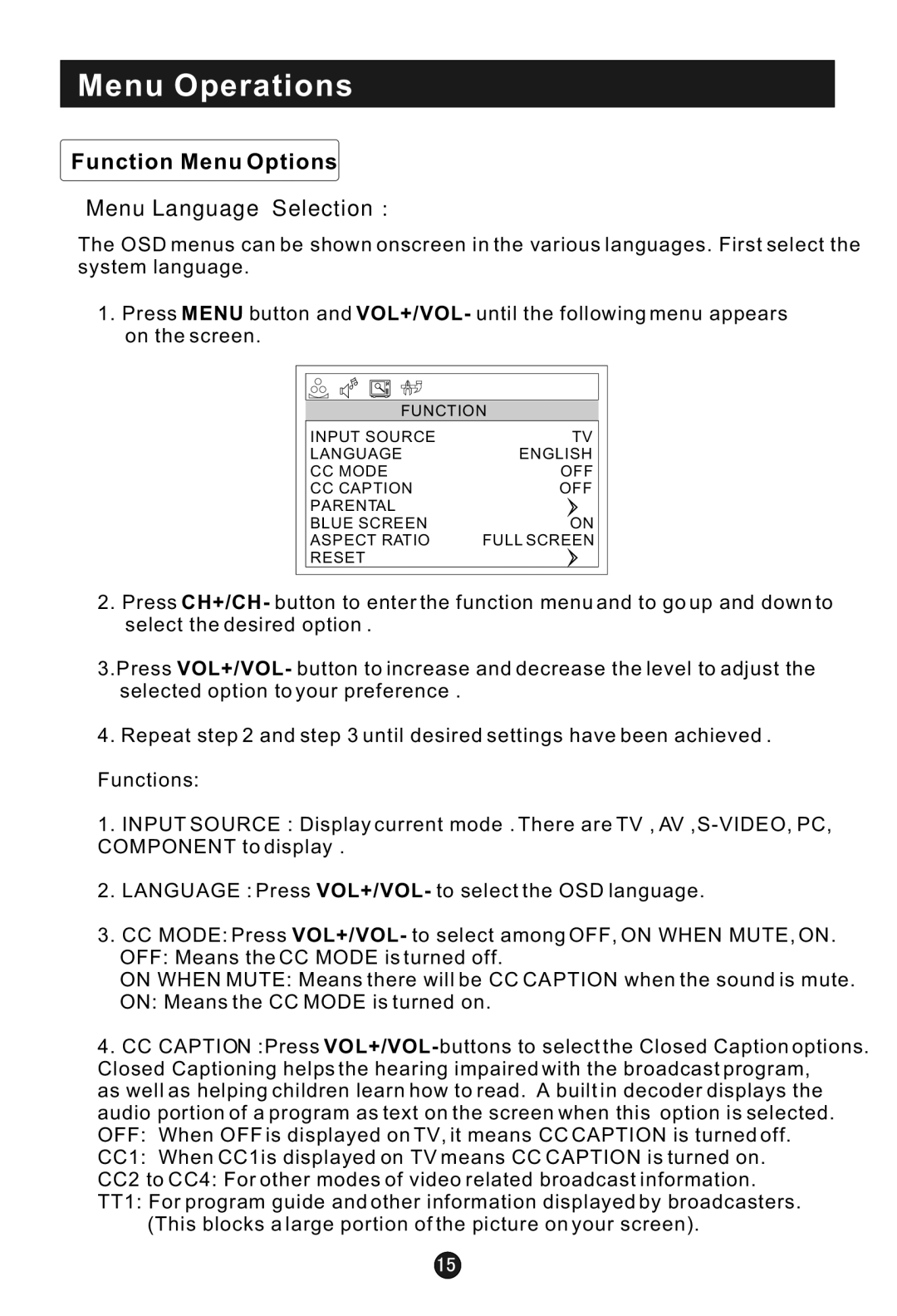 Haier HLA15 user manual Function Menu Options, Menu Language Selection 