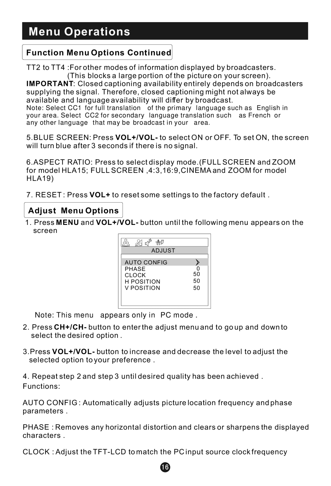 Haier HLA15 user manual Adjust Menu Options 