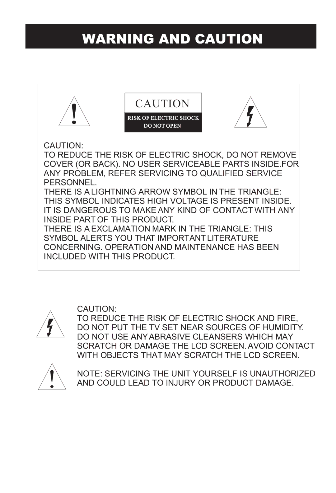 Haier HLA15 user manual Risk of Electric Shock Do not Open 