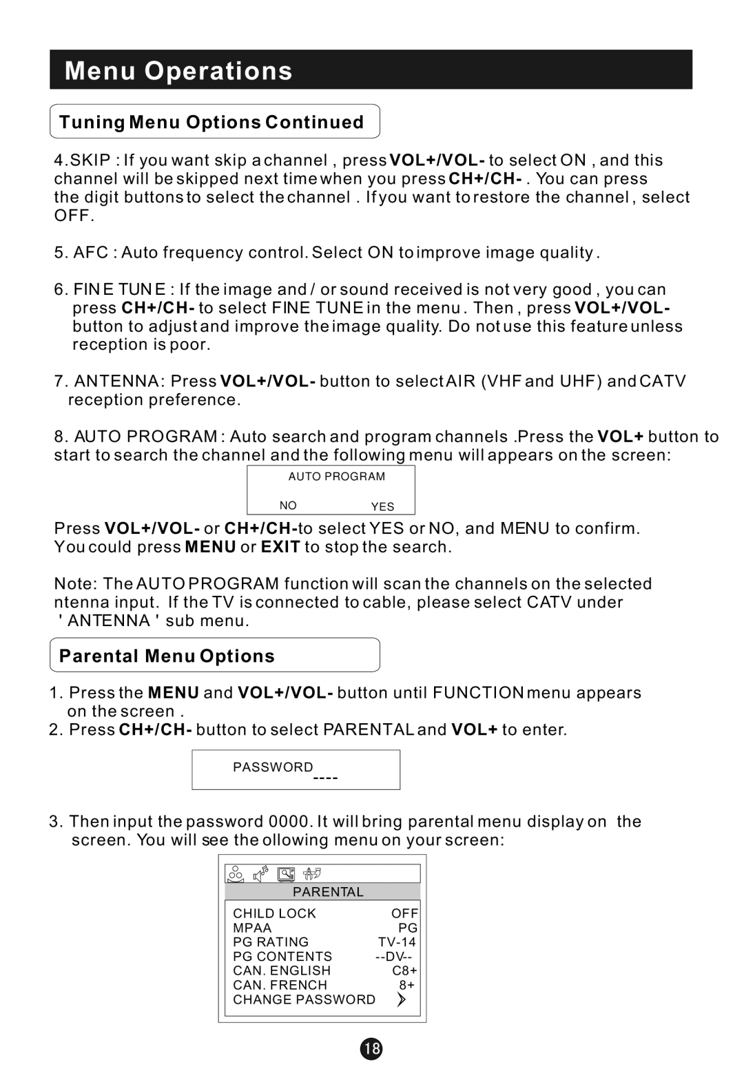 Haier HLA15 user manual Parental Menu Options 