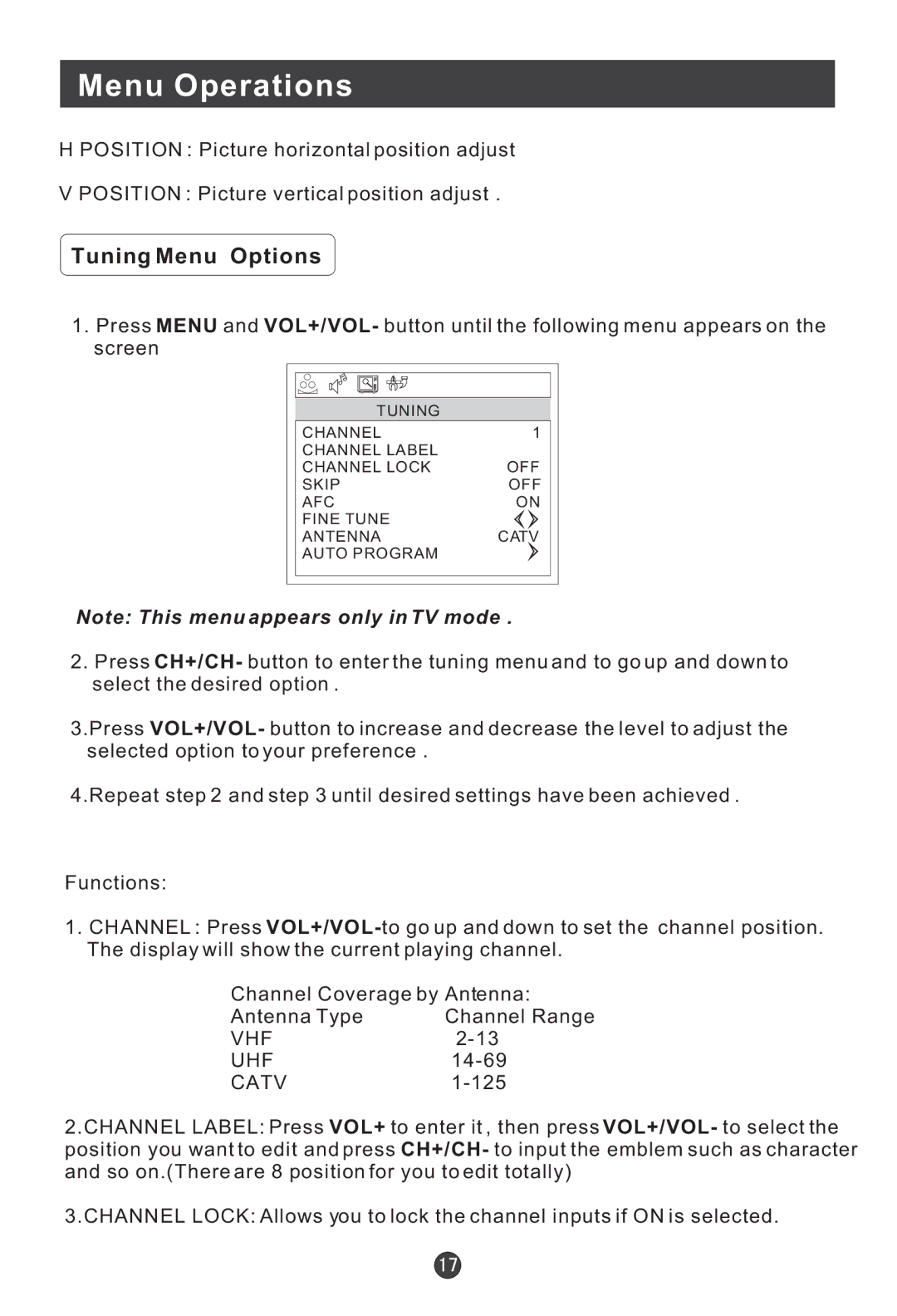 Haier HLA19 user manual Tuning Menu Options, Catv 