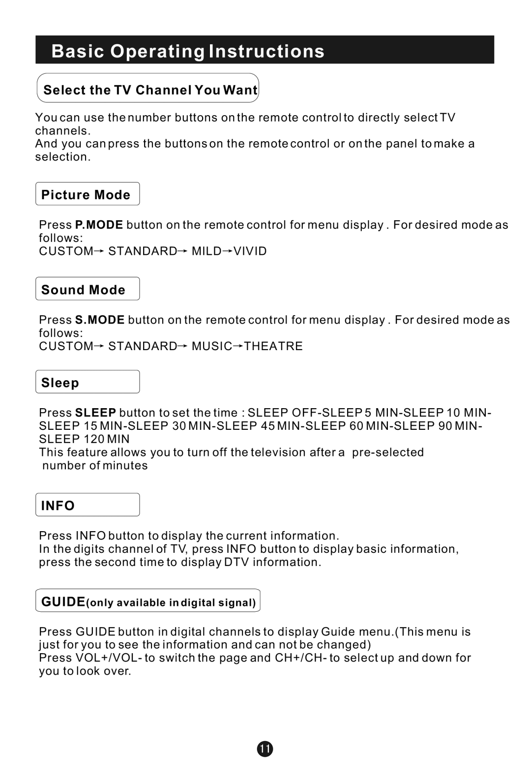 Haier HLC1 user manual Select the TV Channel You Want, Picture Mode, Sound Mode, Sleep 