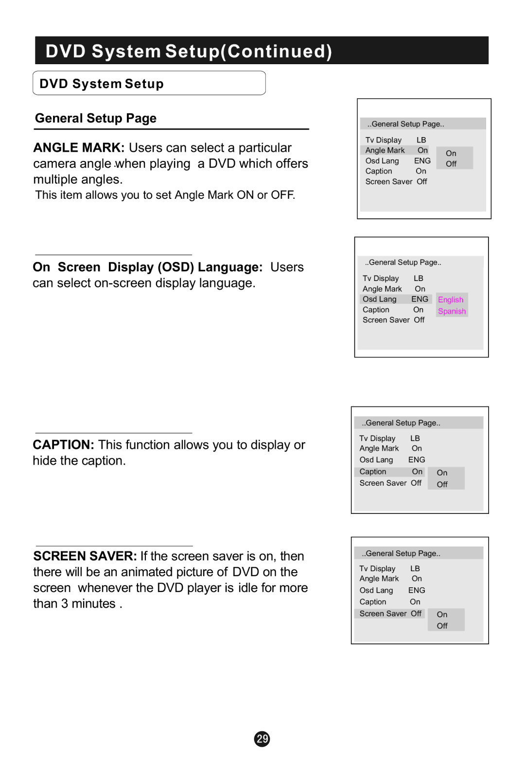 Haier HLC1 user manual DVD System Setup General Setup, On Screen Display OSD Language Users 