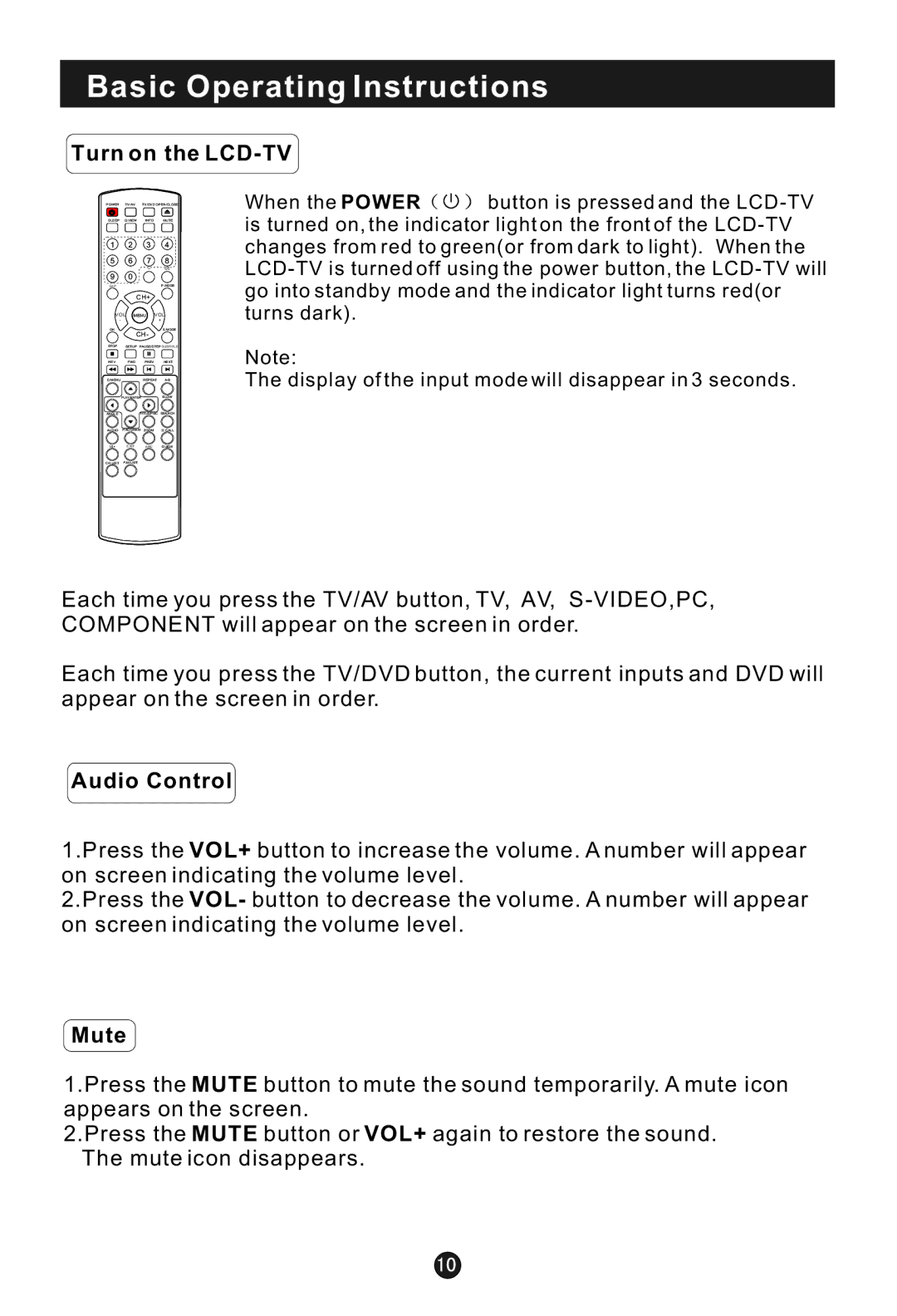 Haier HLC15B user manual Basic Operating Instructions, Turn on the LCD-TV, Audio Control, Mute 