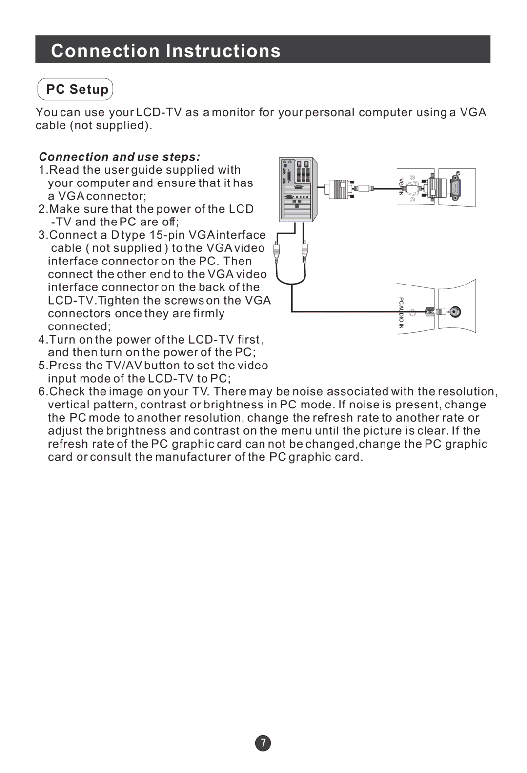 Haier HLC19W, HLC19E, HLC15E user manual PC Setup, Connection and use steps 