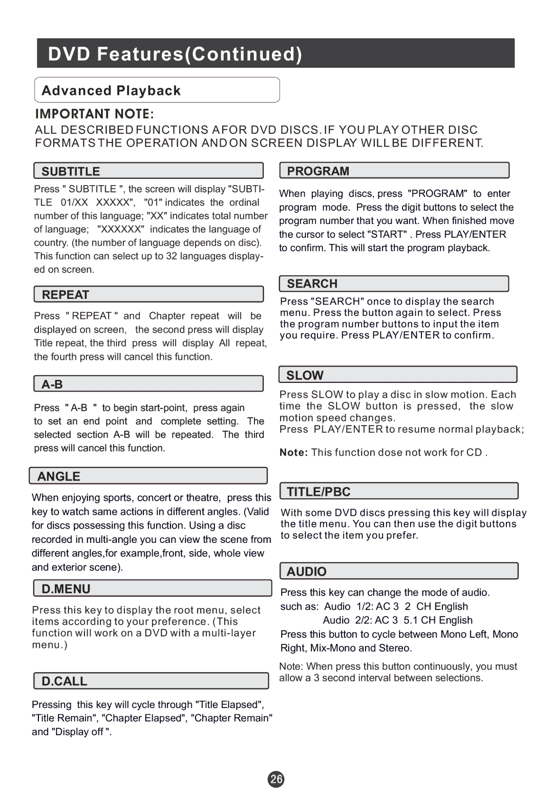 Haier HLC19E, HLC19W, HLC15E user manual Advanced Playback, Important Note 