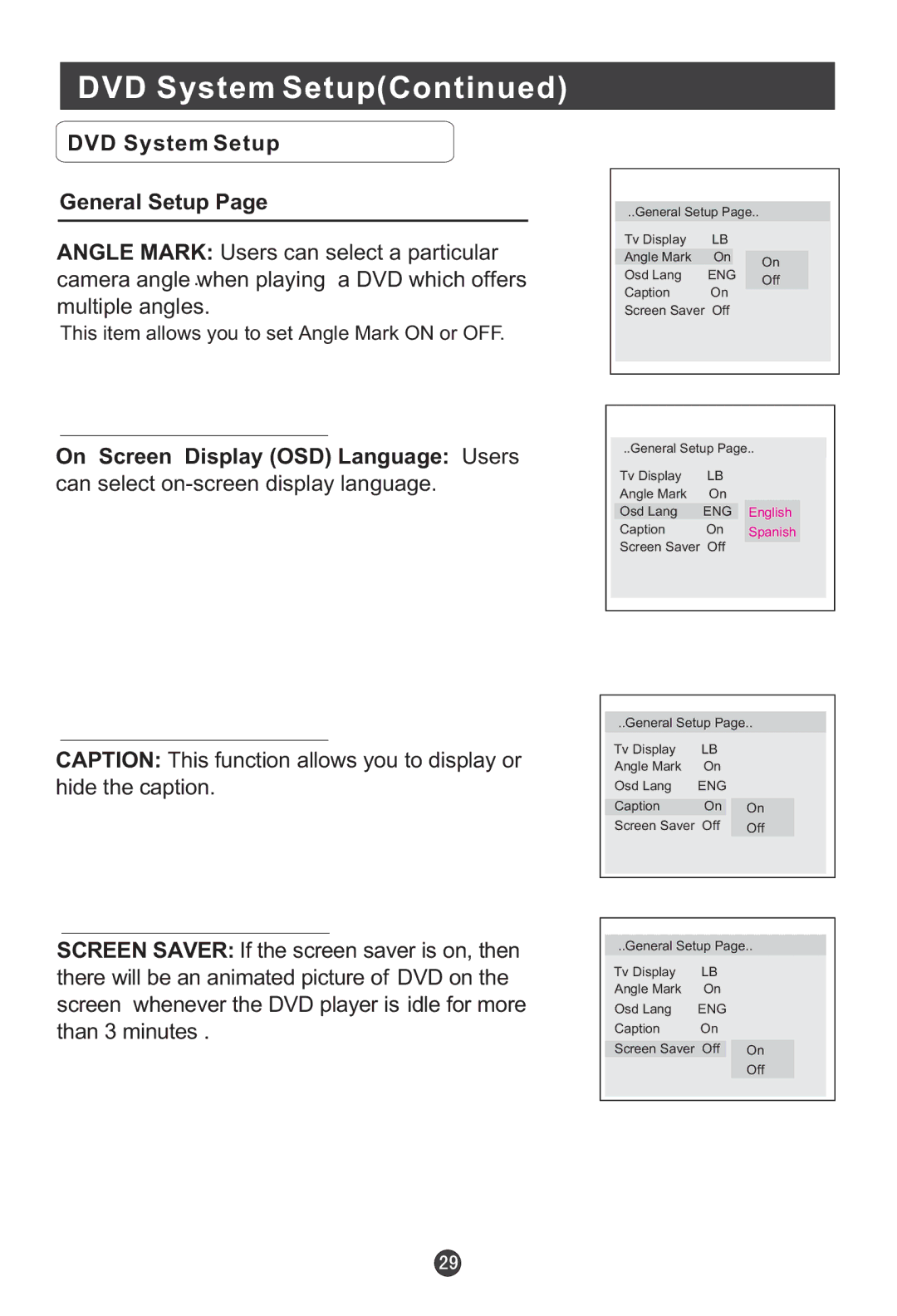 Haier HLC19E, HLC19W, HLC15E user manual DVD System Setup General Setup, On Screen Display OSD Language Users 