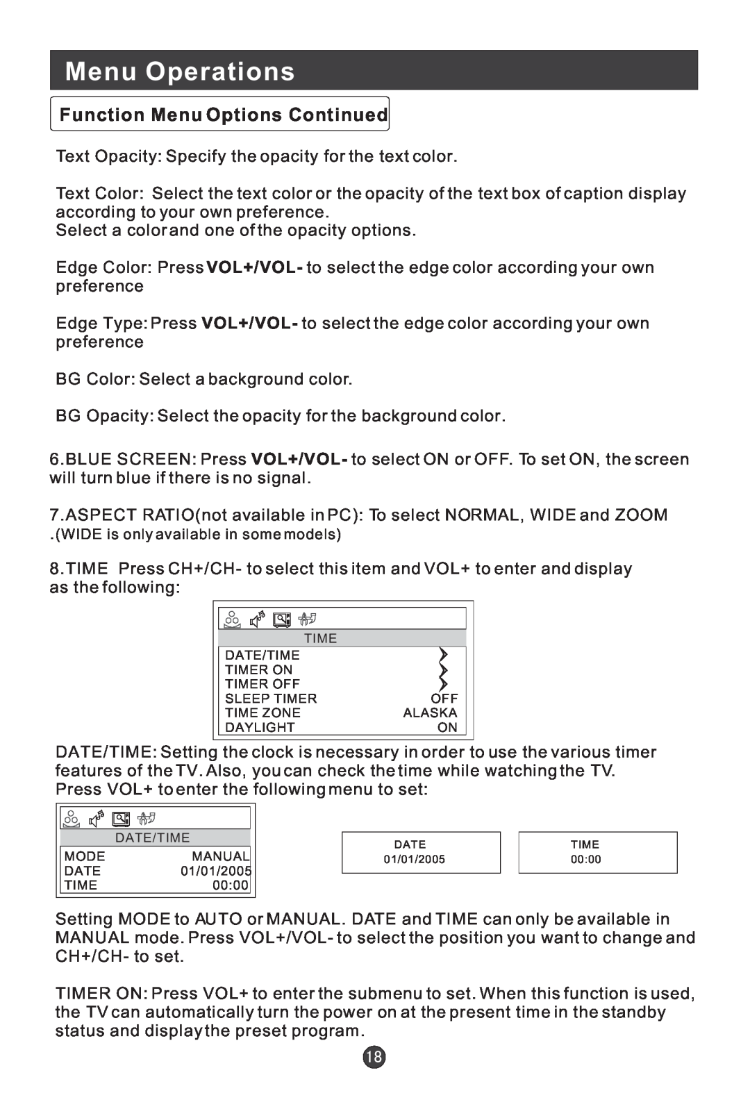 Haier HLC15E, HLC19W, HLC19E user manual Menu Operations, Text Opacity Specify the opacity for the text color 