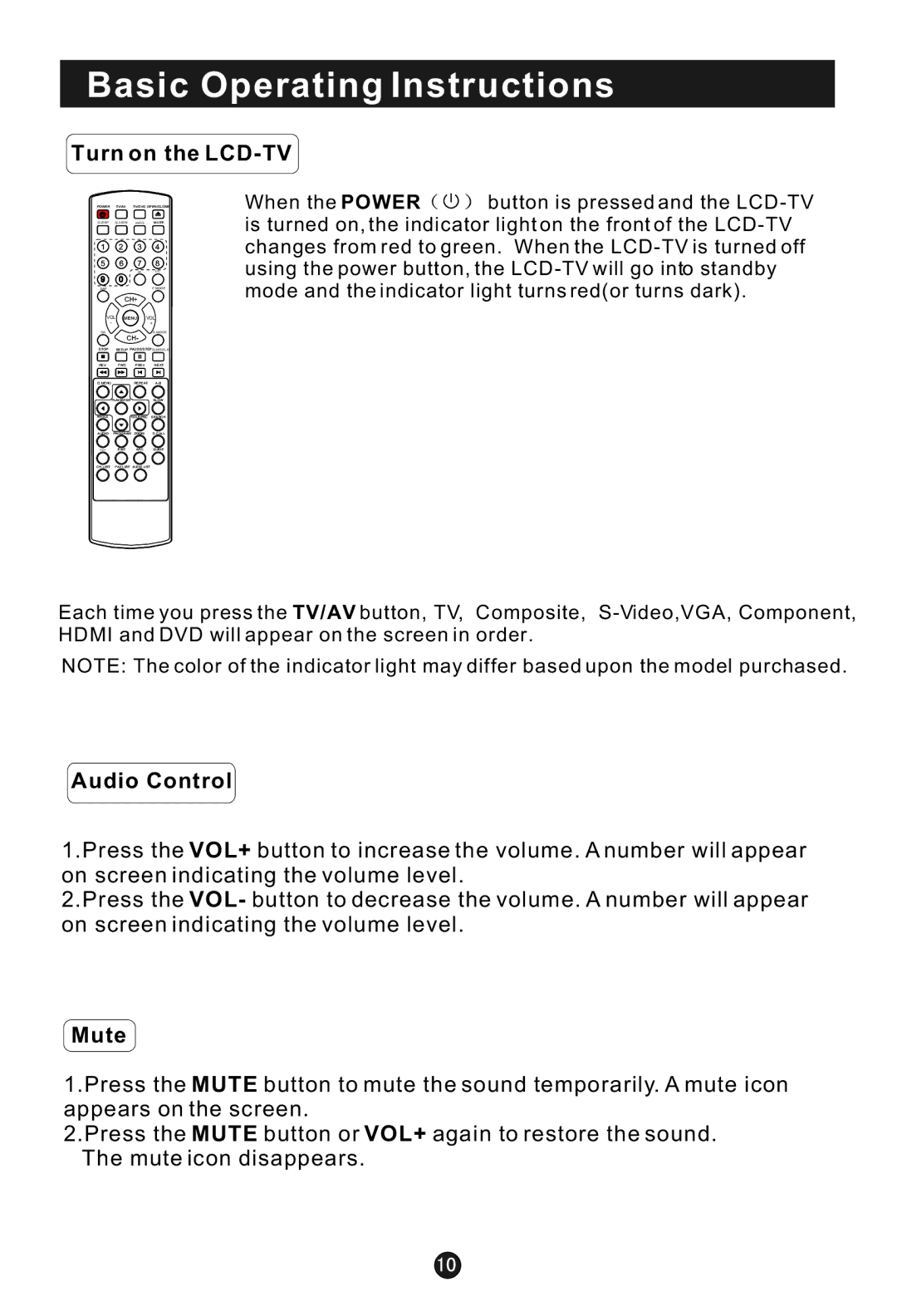 Haier HLC22E user manual Basic Operating Instructions, Turn on the LCD-TV, Audio Control, Mute 