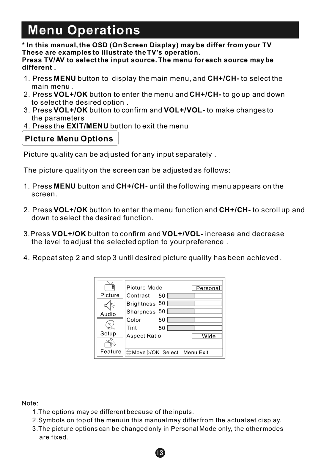 Haier HLC22E user manual Menu Operations, Picture Menu Options 