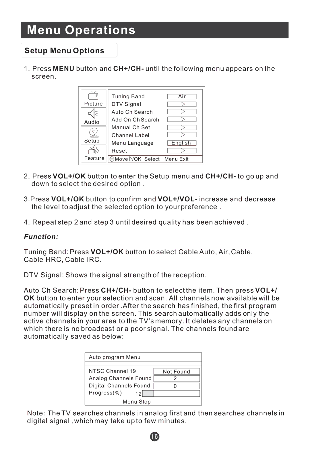 Haier HLC22E user manual Setup Menu Options 