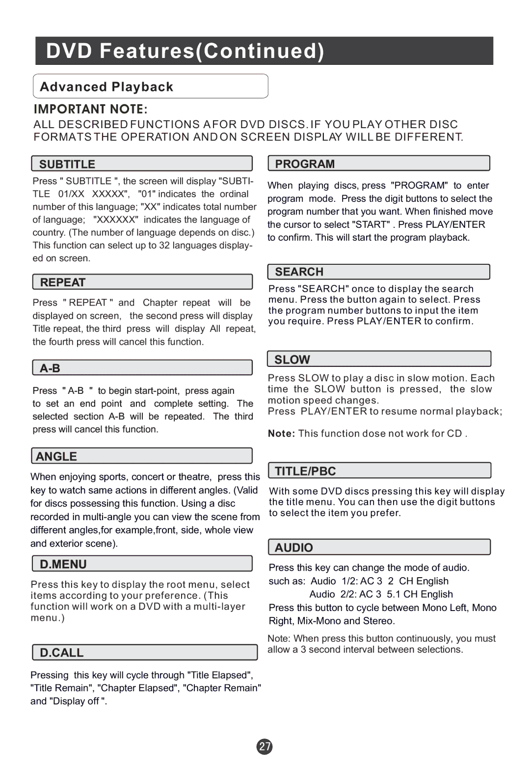 Haier HLC22E user manual Advanced Playback, Important Note 