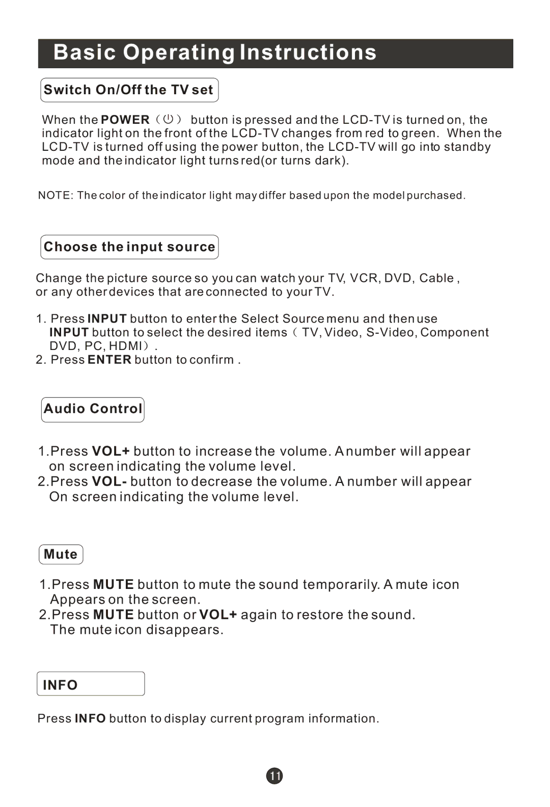 Haier HL19R1, HLC22R1 Basic Operating Instructions, Switch On/Off the TV set, Choose the input source, Audio Control, Mute 