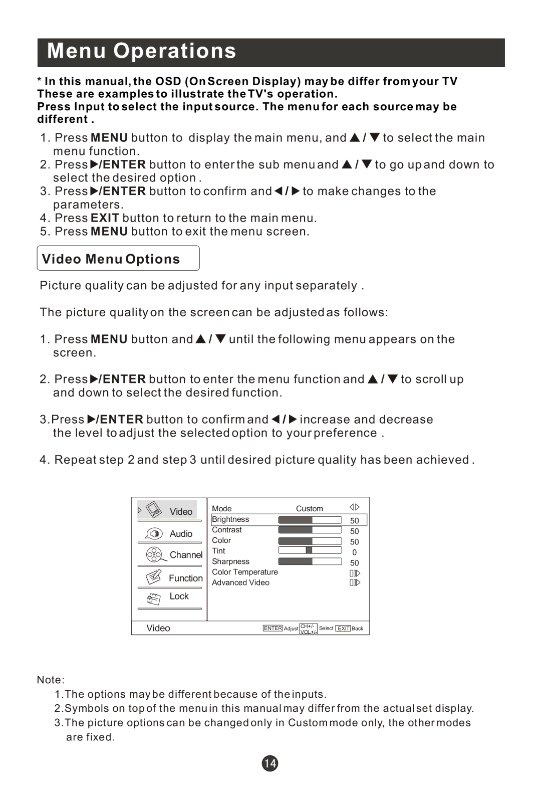 Haier HLC19K1, HLC22R1, HLC19R1, HL22F1, HL22K1, HL22R1, HL19K1, HL19R1, HLC22K1 user manual Menu Operations, Video Menu Options 