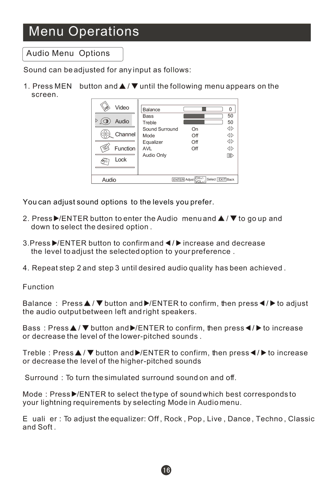 Haier HL22F1, HLC22R1, HLC19K1, HLC19R1, HL22K1, HL22R1, HL19K1, HL19R1, HLC22K1 user manual Audio Menu Options 