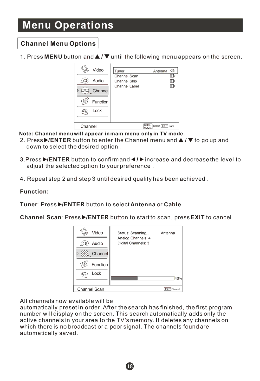 Haier HL22R1, HLC22R1, HLC19K1, HLC19R1, HL22F1, HL22K1, HL19K1, HL19R1, HLC22K1 user manual Channel Menu Options 