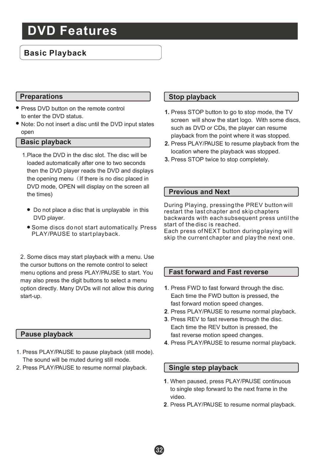 Haier HLC19K1, HLC22R1, HLC19R1, HL22F1, HL22K1, HL22R1, HL19K1, HL19R1, HLC22K1 user manual DVD Features, Basic Playback 