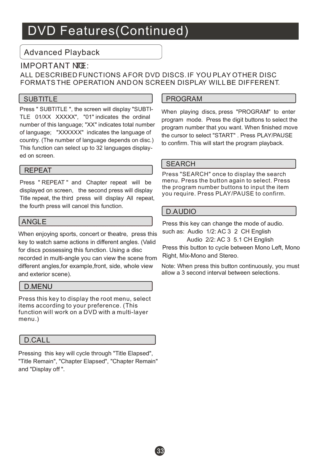 Haier HLC19R1, HLC22R1, HLC19K1, HL22F1, HL22K1, HL22R1, HL19K1, HL19R1, HLC22K1 user manual Advanced Playback, Important Note 