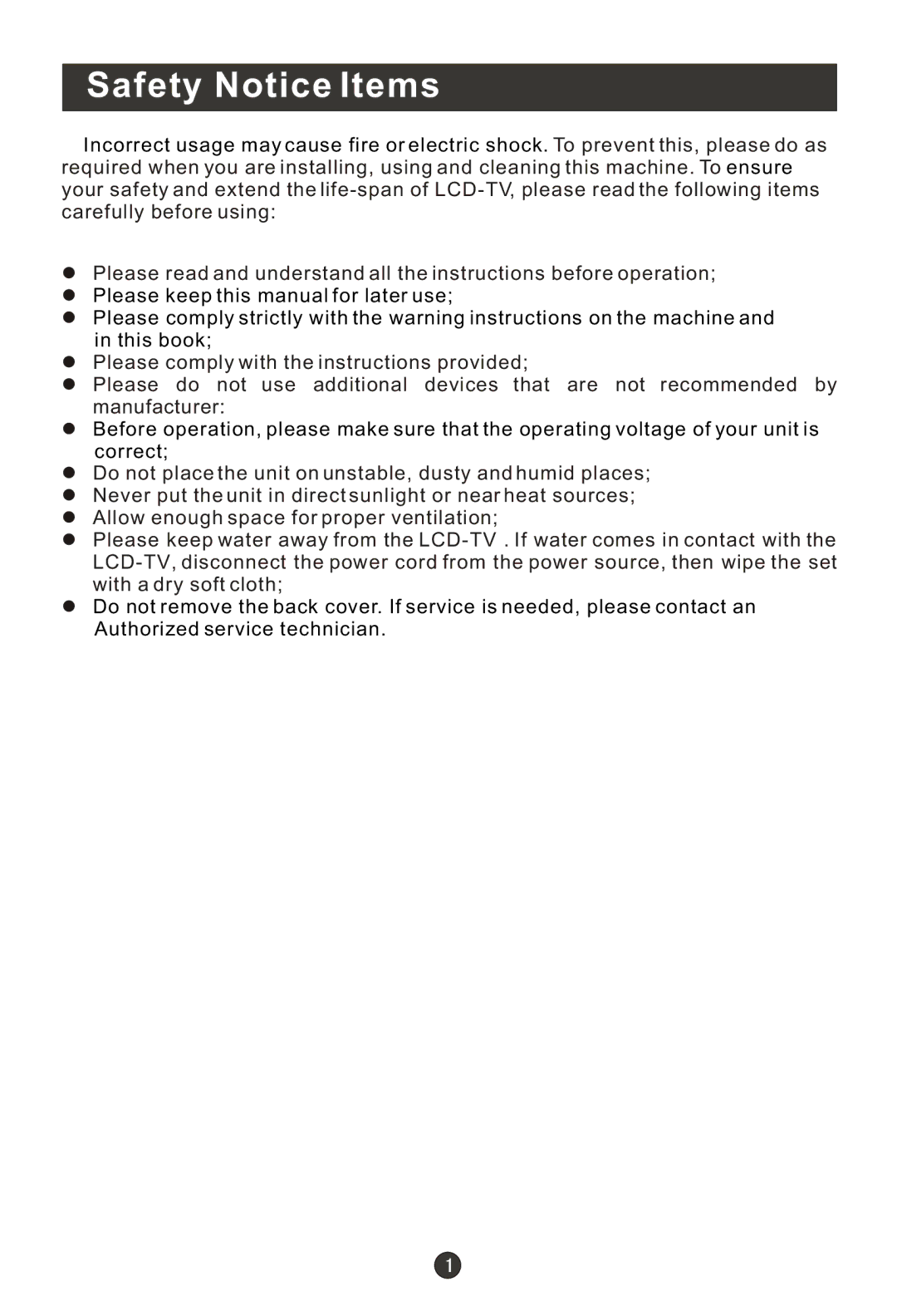 Haier HL19K1, HLC22R1, HLC19K1, HLC19R1, HL22F1, HL22K1, HL22R1, HL19R1, HLC22K1 user manual Safety Notice Items 