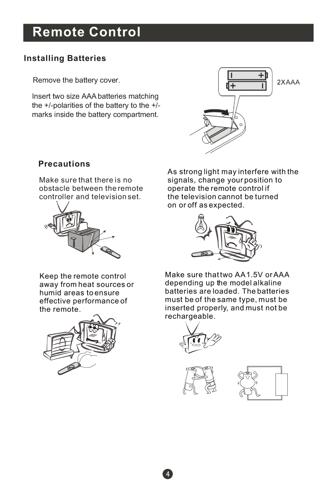 Haier HLC22R1, HLC19K1, HLC19R1, HL22F1, HL22K1, HL22R1, HL19K1, HL19R1 Remote Control, Installing Batteries, Precautions 