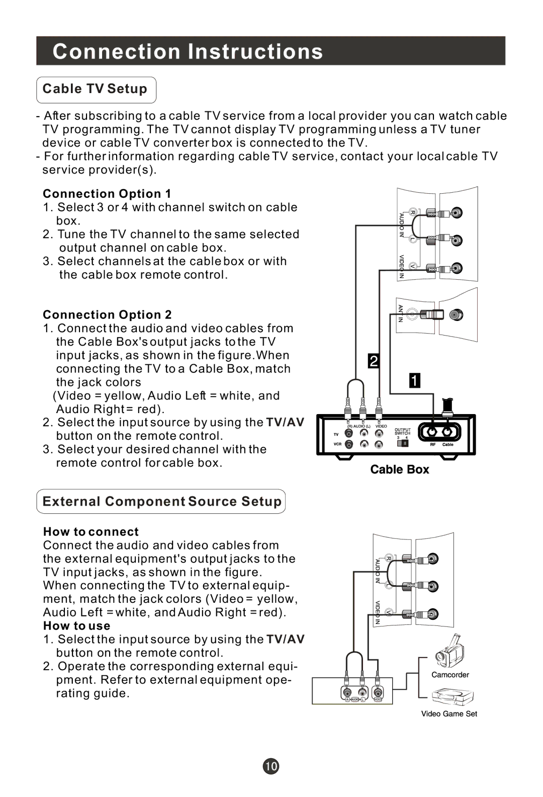 Haier HLC19T, HLC22T, HLC22R, HL15RW, HL19RW, HLC19RW, HLC15RW, HL15T, HL22T Cable TV Setup, External Component Source Setup 