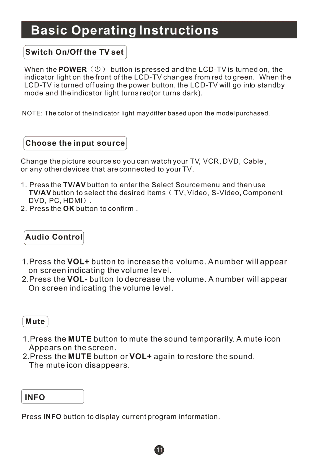 Haier HLC22T, HLC22R Basic Operating Instructions, Switch On/Off the TV set, Choose the input source, Audio Control, Mute 