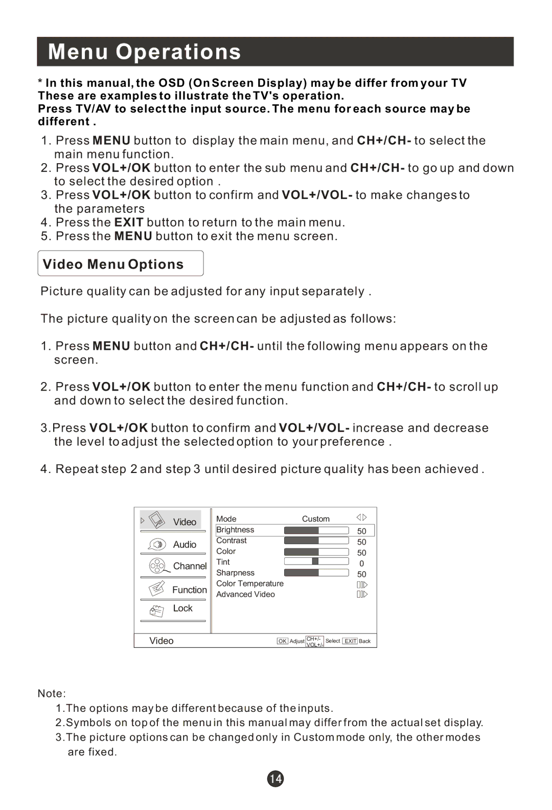 Haier HL19RW, HLC22T, HLC22R, HL15RW, HLC19RW, HLC15RW, HL15T, HL22T, HL22R, HL19T, HLC15T Menu Operations, Video Menu Options 