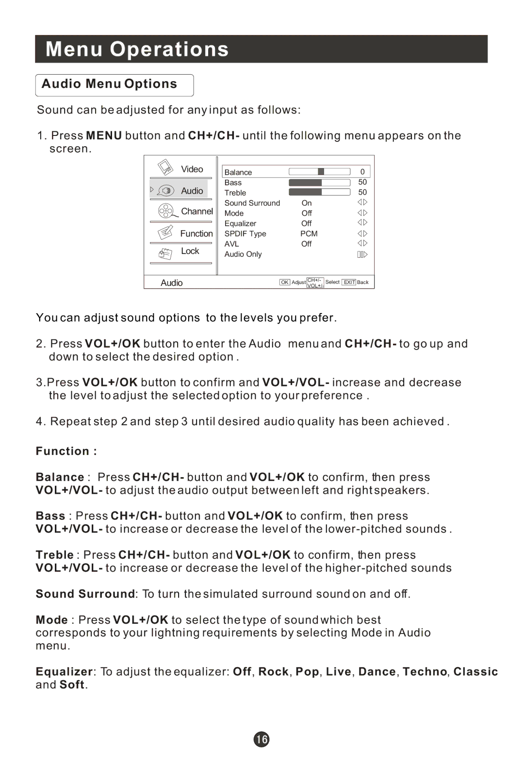 Haier HLC15RW, HLC22T, HLC22R, HL15RW, HL19RW, HLC19RW, HL15T, HL22T, HL22R, HL19T, HLC15T, HLC19T user manual Audio Menu Options 