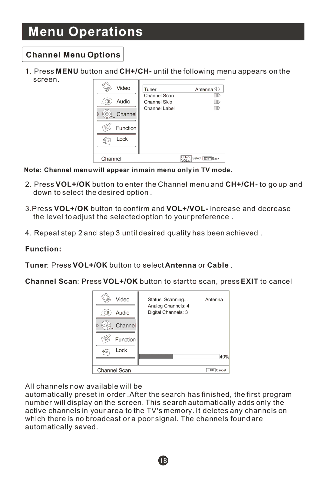 Haier HL15T, HLC22T, HLC22R, HL15RW, HL19RW, HLC19RW, HLC15RW, HL22T, HL22R, HL19T, HLC15T, HLC19T user manual Channel Menu Options 