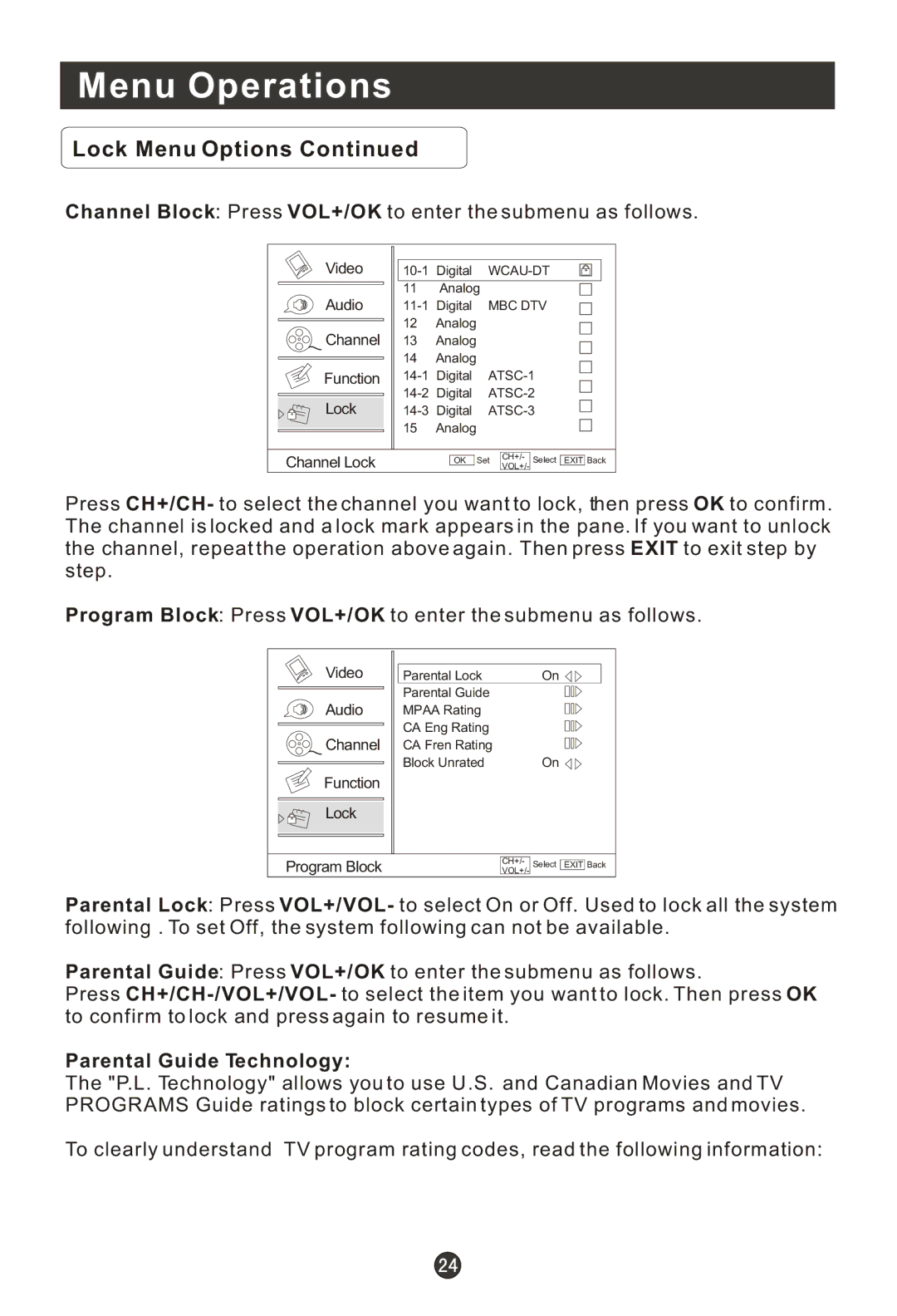 Haier HLC19R, HLC22T, HLC22R, HL15RW Channel Block Press VOL+/OK to enter the submenu as follows, Parental Guide Technology 