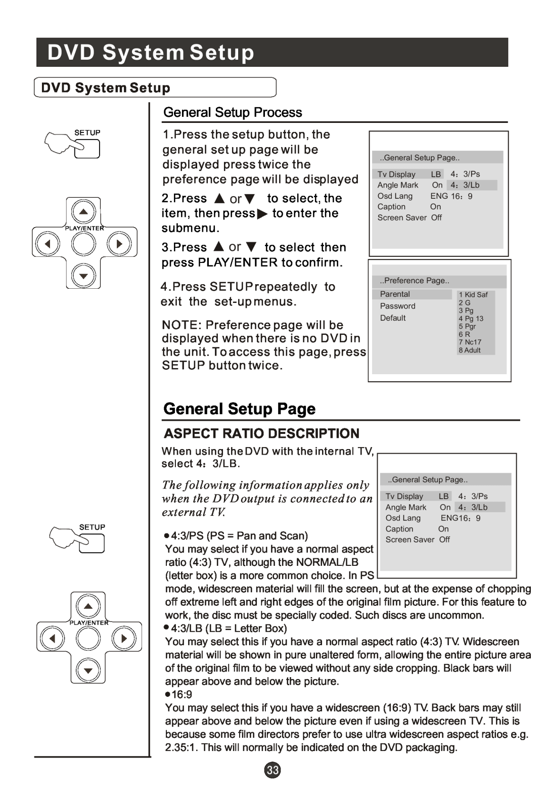 Haier HL19R, HLC22T DVD System Setup, General Setup Page, General Setup Process, Aspect Ratio Description, external TV 