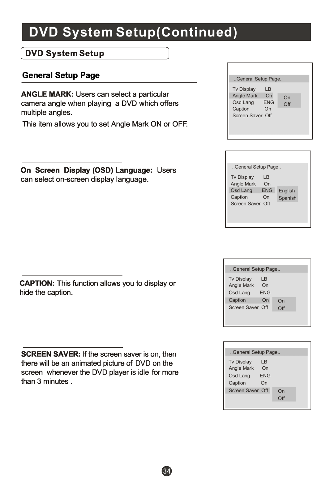 Haier HL15T, HLC22T, HLC22R, HL15RW DVD System SetupContinued, General Setup Page, On Screen Display OSD Language Users 