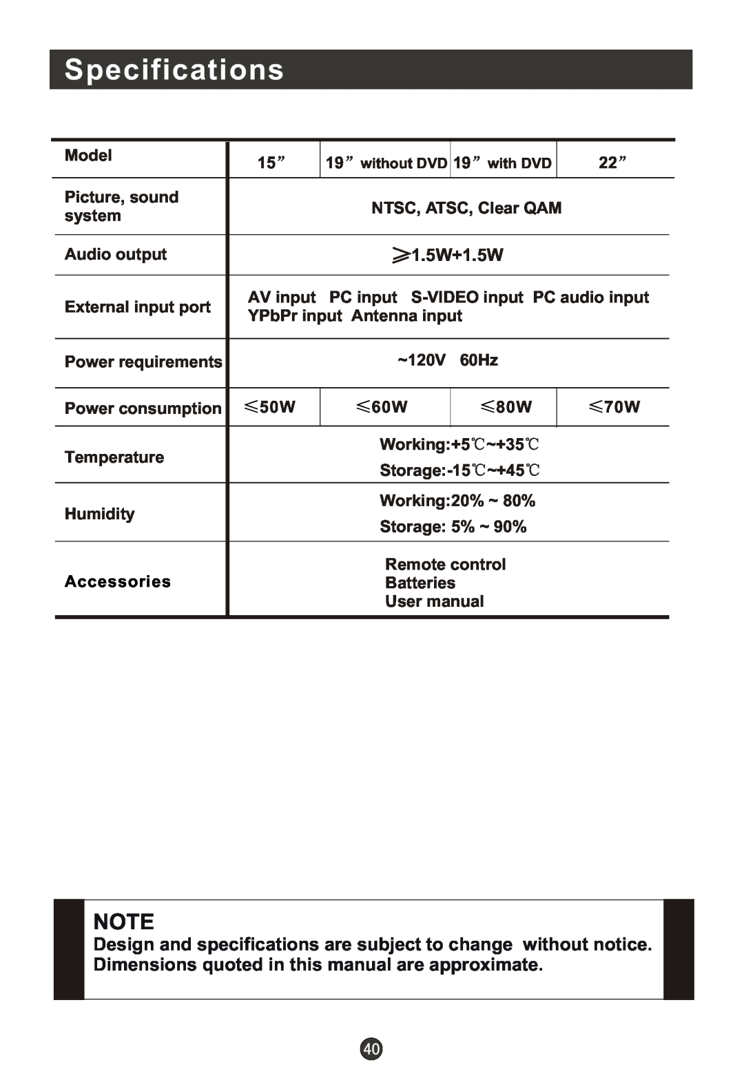 Haier HLC19R Specifications, 1.5W+1.5W, Model, Picture, sound, NTSC, ATSC, Clear QAM, system, Audio output, AV input, ~+35 