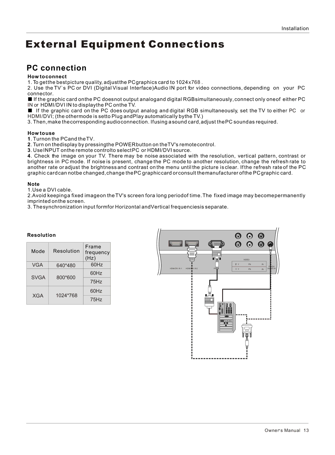 Haier HLC26 owner manual PC connection, Resolution 