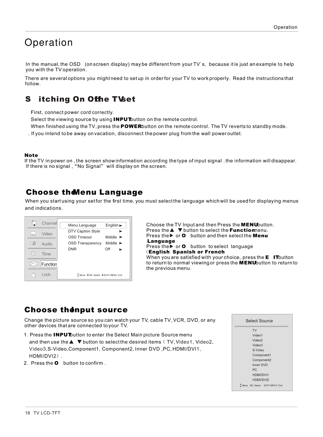 Haier HLC26 owner manual Operation, Switching On/Off the TV set, Choose the Menu Language, Choose the Input source 