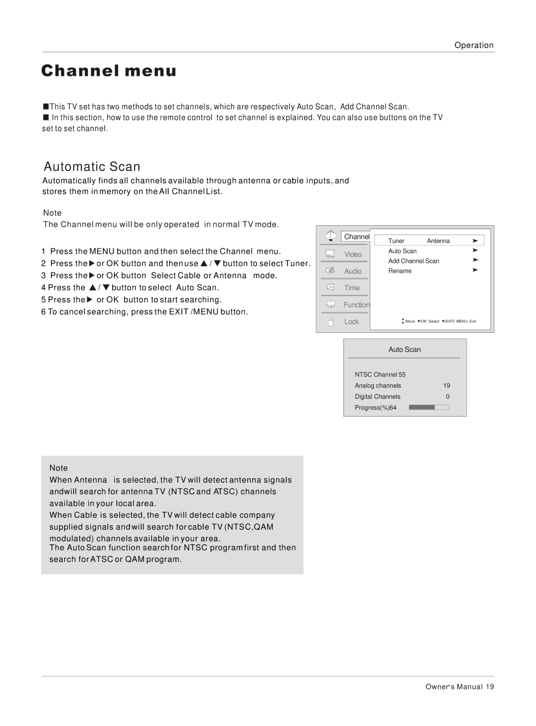 Haier HLC26 owner manual Channel menu, Automatic Scan 