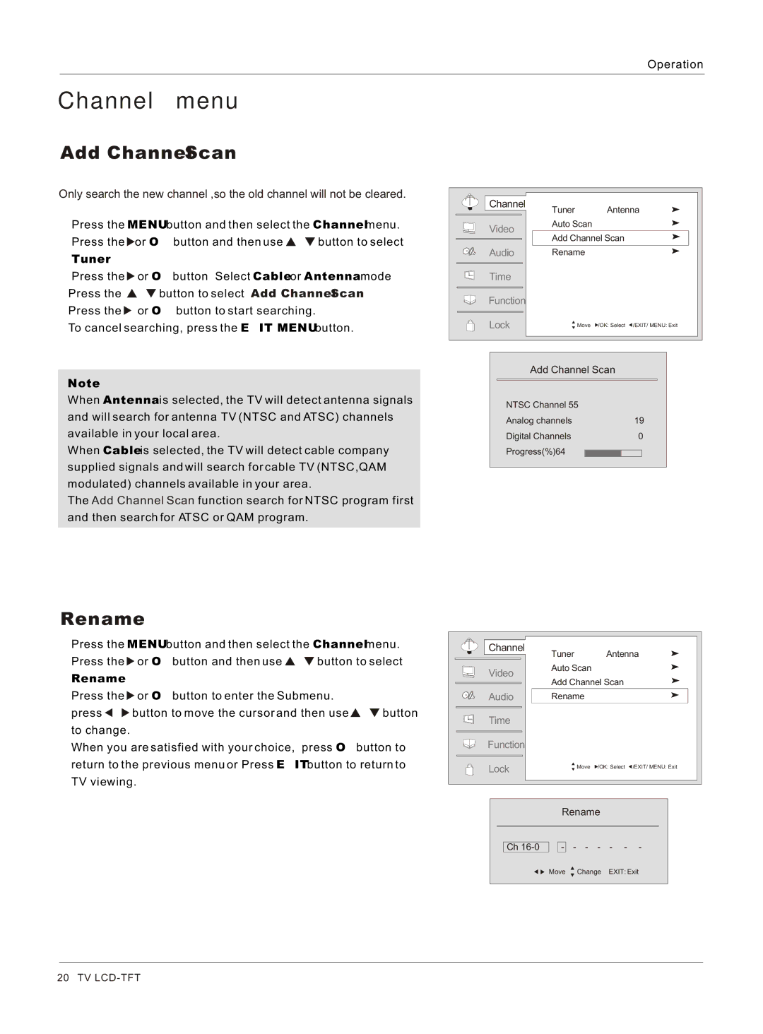 Haier HLC26 owner manual Add Channel Scan, Rename, Tuner 