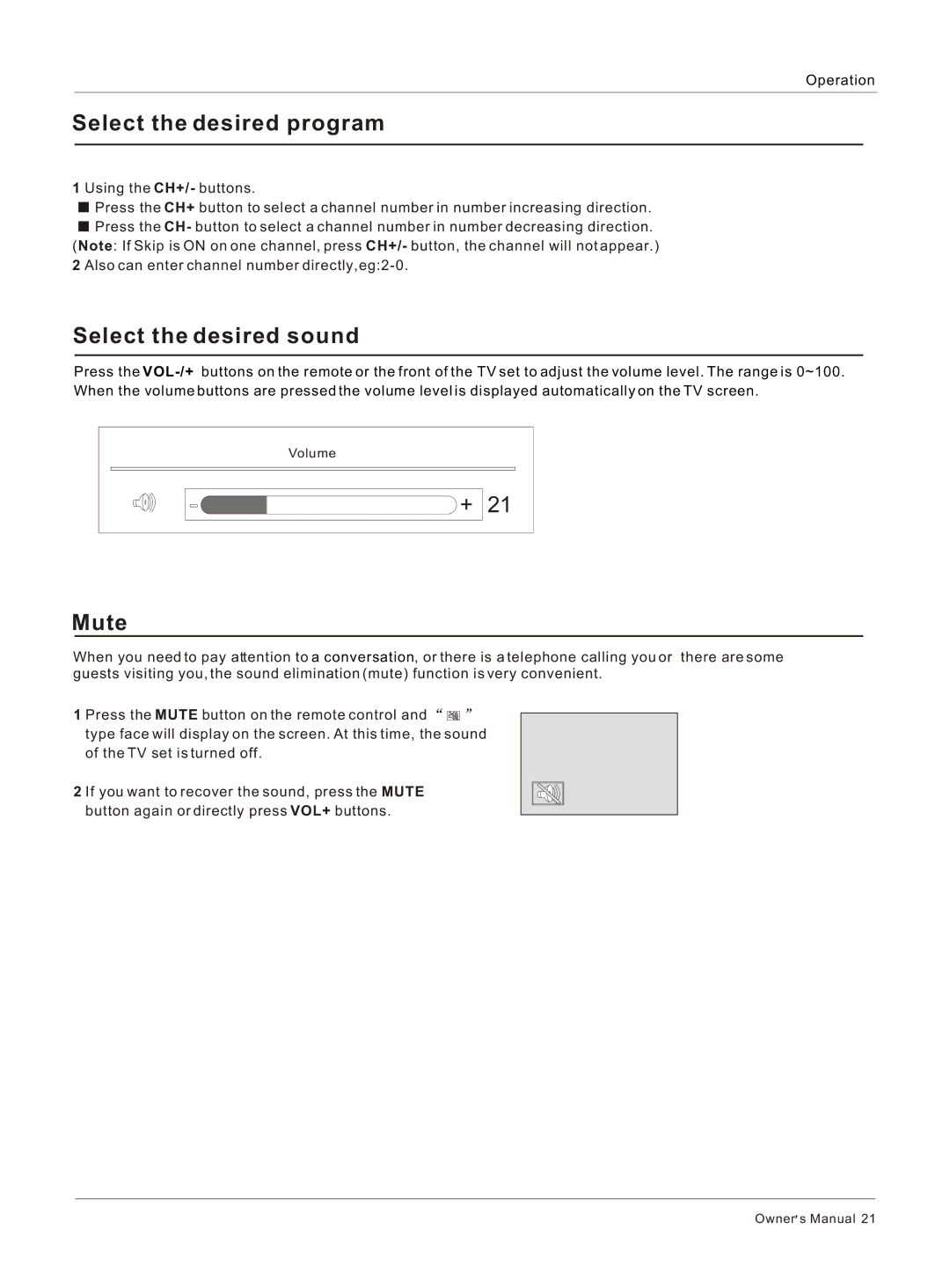 Haier HLC26 owner manual Select the desired program, Select the desired sound, Mute 