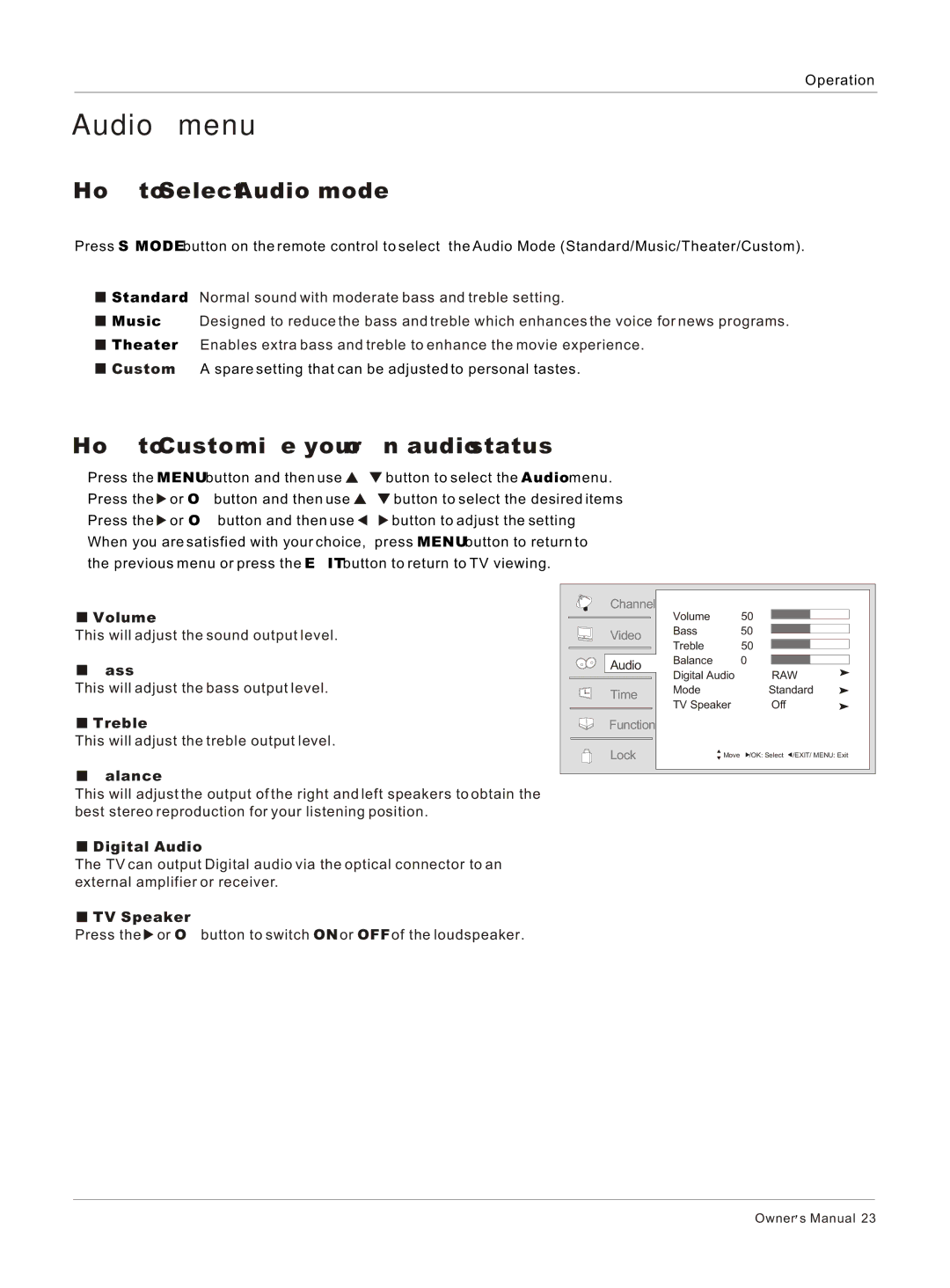 Haier HLC26 owner manual Audio menu, How to Select Audio mode, How to Customize your own audio status 