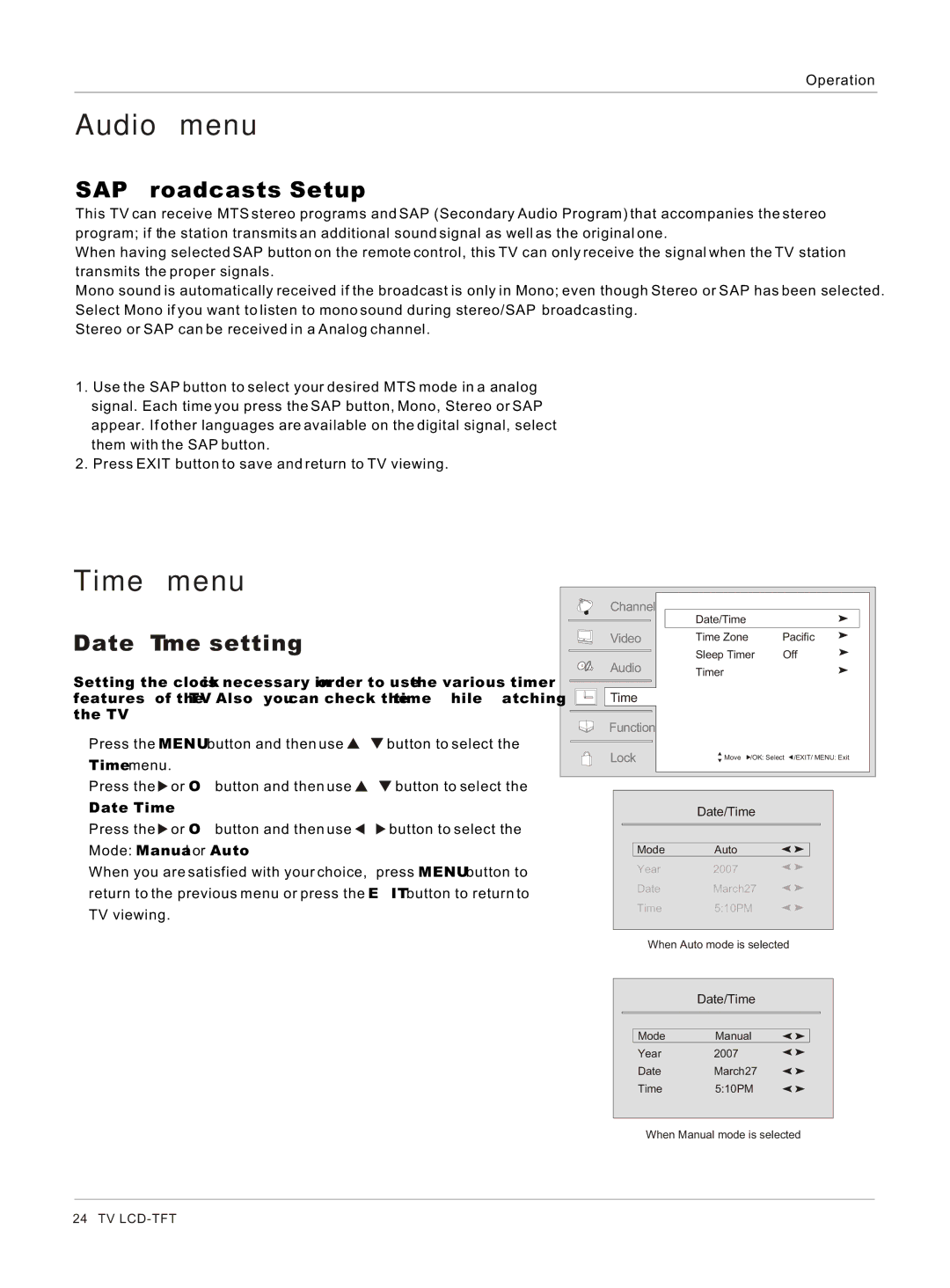 Haier HLC26 owner manual Time menu, SAP Broadcasts Setup, Date /Time setting, Date/Time 