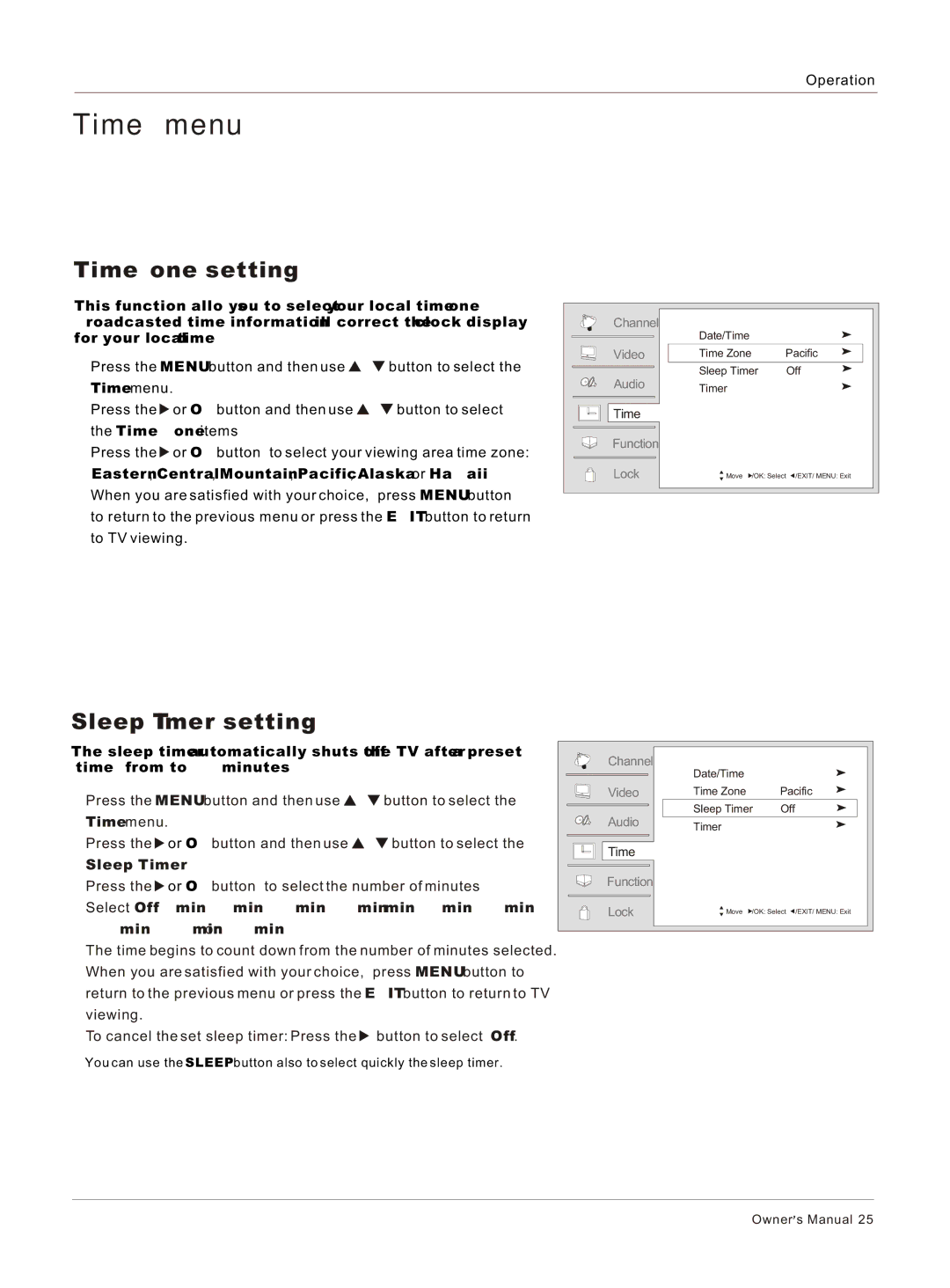 Haier HLC26 owner manual Time zone setting, Sleep Timer setting 