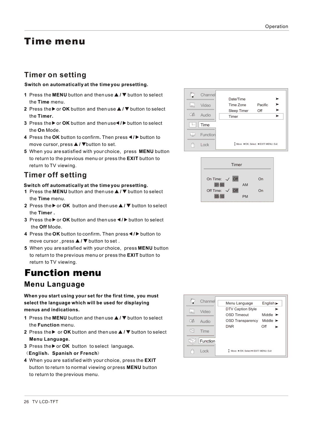 Haier HLC26 owner manual Function menu, Timer on setting, Timer off setting, Menu Language 