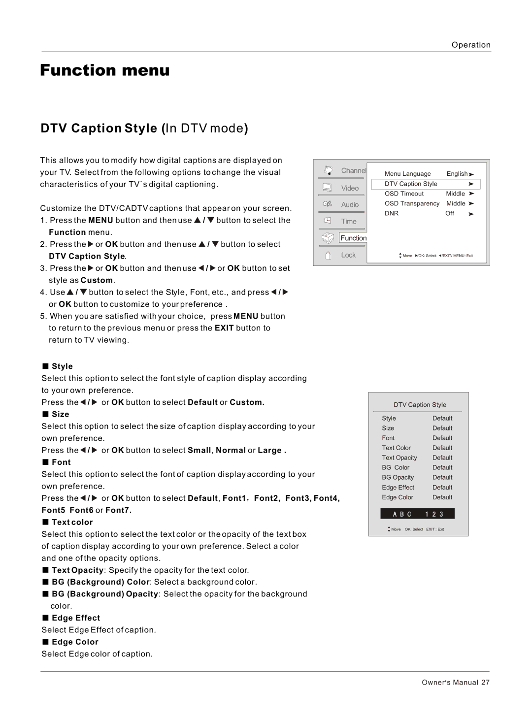 Haier HLC26 owner manual DTV Caption Style In DTV mode 