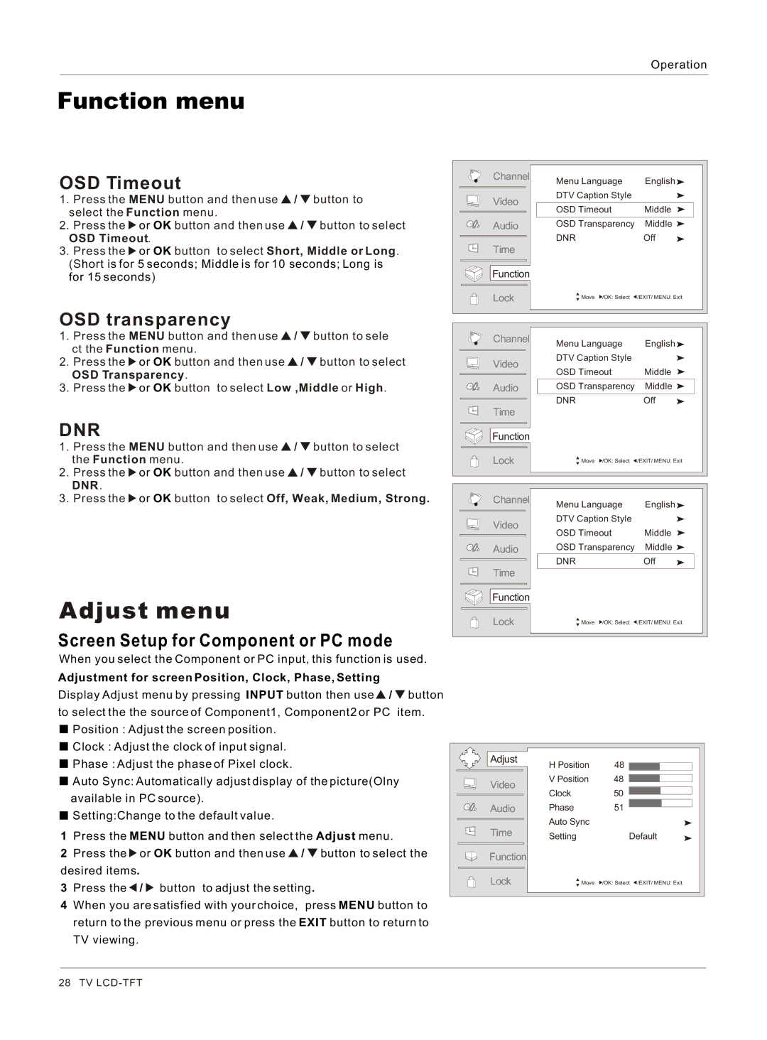 Haier HLC26 owner manual Adjust menu, OSD Timeout, OSD transparency, Screen Setup for Component or PC mode 