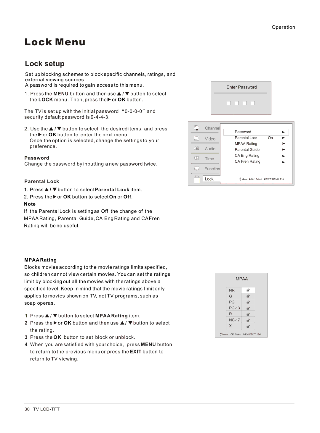 Haier HLC26 owner manual Lock setup, Password, Parental Lock, Mpaa Rating 